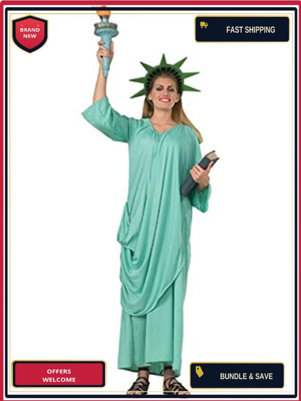 Statue of Liberty Costume Draped Dress Headpiece Women Standard Halloween